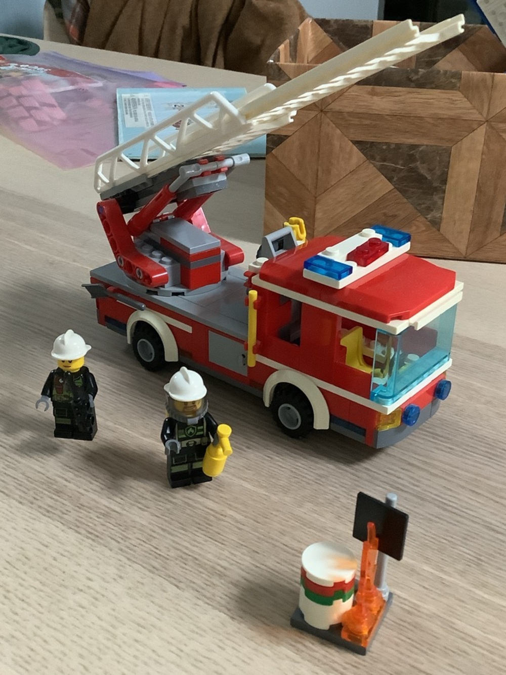 Lego Red and White Fire Truck with Blue Accents and Yellow Accessories